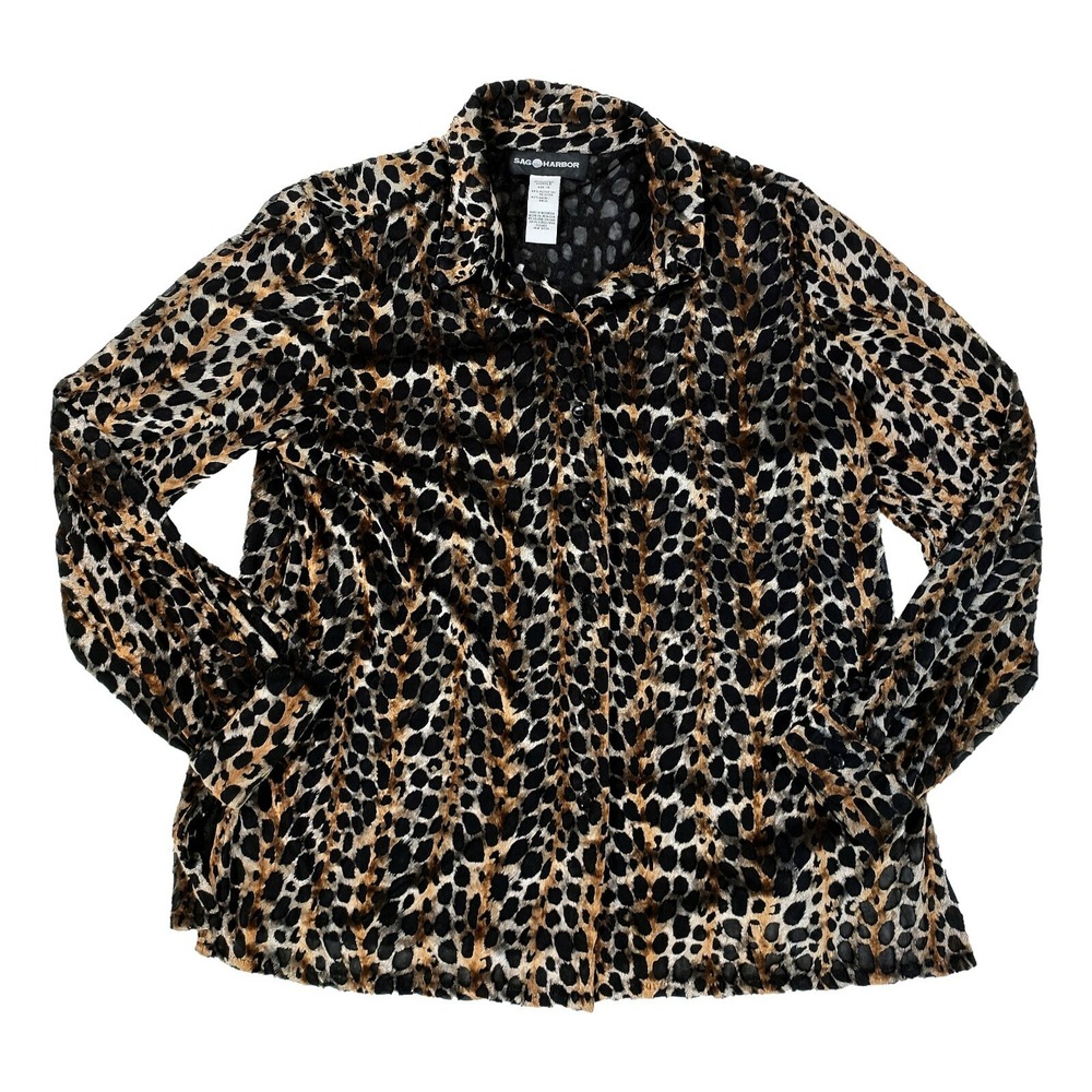 Sag Harbor Adult Size 14 Sheer Velvet Cheetah Print Blouse Womens